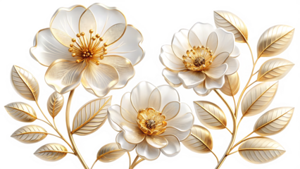 Elegant golden edged translucent flowers with gold leaf accents isolated on white background
 ,PNG. AI Generated.