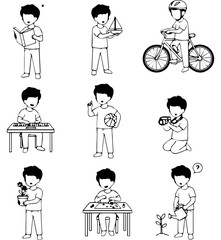 Black and White Illustrations of a Child's Activities