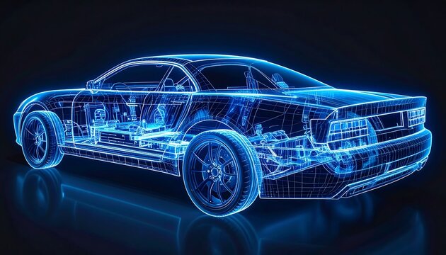 A digital rendering of a car's intricate network of components, highlighted in vibrant blue lines.