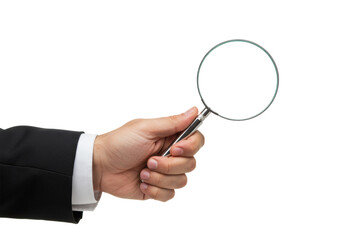 An ethnically neutral hand in a clean business shirt cuff gently grips an elegant silver-handled magnifying glass with a clear lens on a transparent studio background, for precise analysis and
