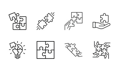 Puzzle and teamwork icon set. Thin line editable stroke icons for solution finding, collaboration, integration, ideas, innovation, strategy, and shared goals. vector illustration eps file
