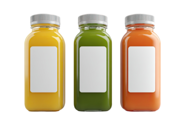 Three clear glass bottles, rectangular shape, with colorful juice.  Each has a blank white label
