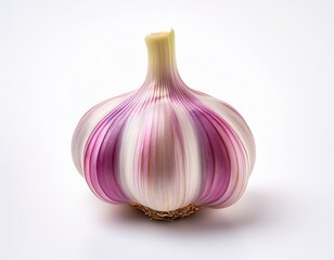close up of a garlic bulb with pinkish purple streaks isolated on a white background highlighting its smooth rounded shape and natural texture