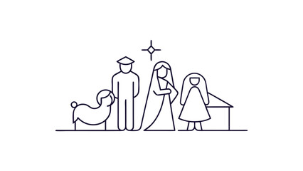 Elegant single line art nativity scene isolated on white background