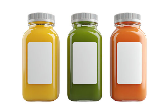 Three clear glass bottles, rectangular shape, with colorful juice.  Each has a blank white label