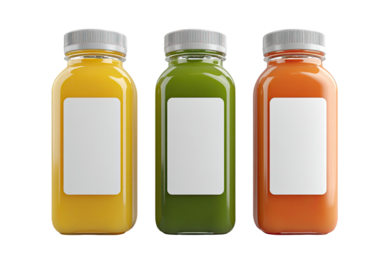 Three clear glass bottles, rectangular shape, with colorful juice.  Each has a blank white label
