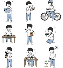 Black and White Illustrations of a Child's Activities
