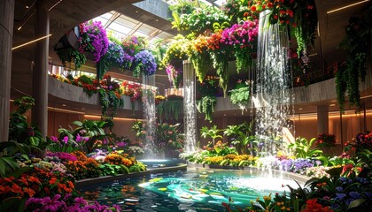 Lush indoor garden with cascading waterfalls