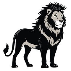 Illustration of a black lion with a gray mane standing.