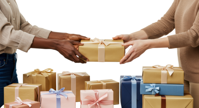 Diverse hands (varied skin tones) exchanging elegant gift boxes on transparent studio background with soft high-key lighting and copy space. Concept of generosity and connection