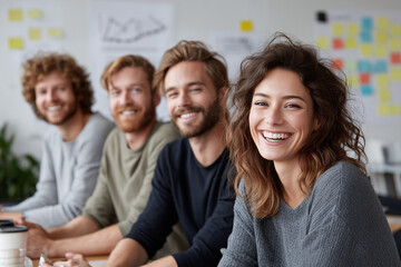 Four young adults smile and engage in a collaborative atmosphere at a modern office. Their expressions reflect enthusiasm as they share ideas and create together, surrounded by colorful notes