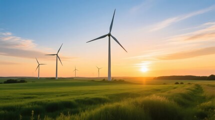 Wind turbines stand tall against a vibrant sunset over a grassy field