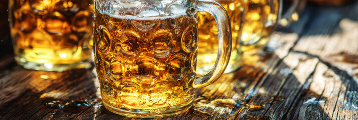 Celebrators enjoy traditional beers served in large mugs while surrounded by an autumn ambiance, embracing the spirit of Oktoberfest and fall festivities with joy, banner