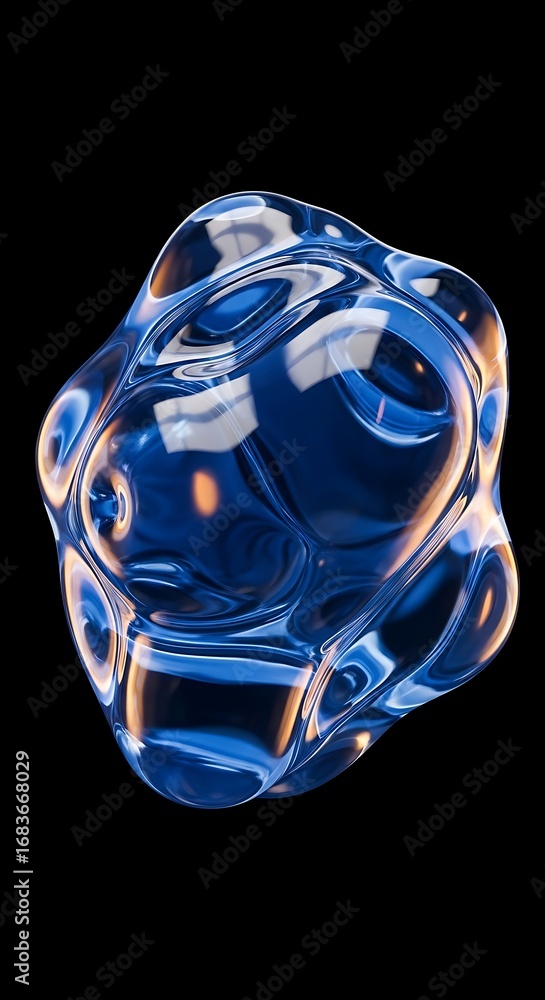 Poster translucent abstract form with fluidic design and reflective qualities on dark backdrop