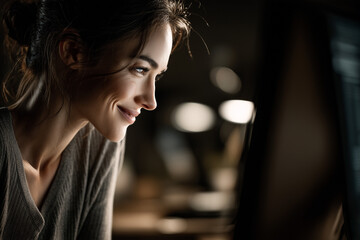 A young woman sits in a cozy, dimly lit space, focused on her computer screen. Her warm smile indicates satisfaction and engagement with her work or creative project