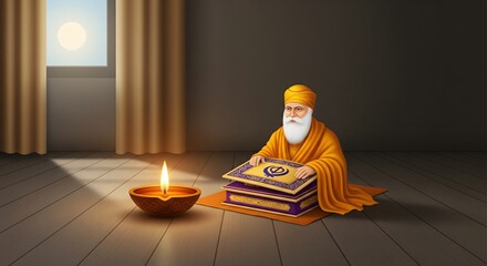 Guru Nanak Dev Ji with Sri Guru Granth Sahib and Lit Diya in Reverent Setting. AI Generated 