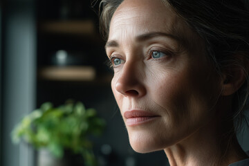 A woman gazes pensively out of a window, her expression contemplative and calm. Sunlight enhances her features, and lush greenery can be seen nearby, creating a peaceful atmosphere