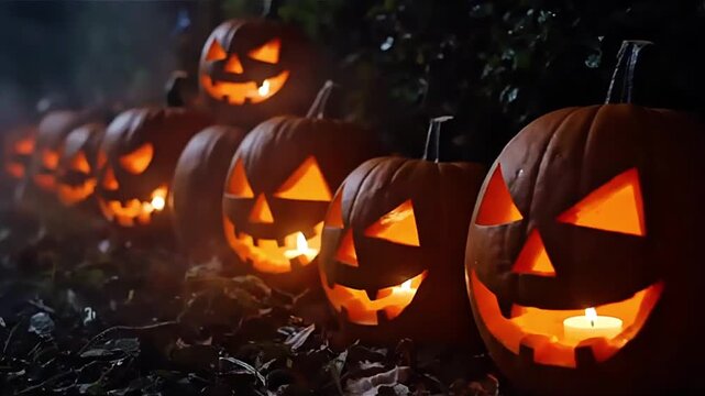 A spooky row of glowing carved jack-o'-lanterns with grinning faces lined up on a dark autumn night for Halloween
