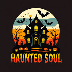Spooky haunted house with full moon and bats Halloween artwork t-shirt design perfect for horror fans, gothic fashion, and creepy night lovers