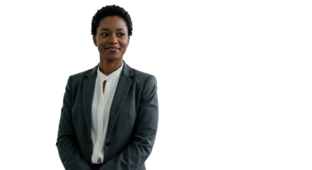 A confident African American woman, mid-30s, in a charcoal blazer, standing in a bright modern office with natural light, embodying professional success and accomplishment