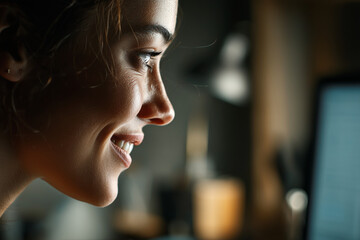 A young woman sits focused in front of a laptop, softly illuminated by the screen's glow. Her expression shows joy as she engages with her online tasks, surrounded by a cozy atmosphere