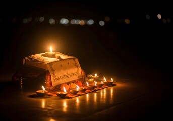 Guru Nanak Jayanti Celebration with Traditional Diyas and Sacred Holy Book at Night. AI Generated 