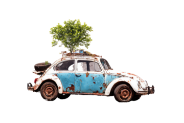 Rusted vintage car carrying a small tree