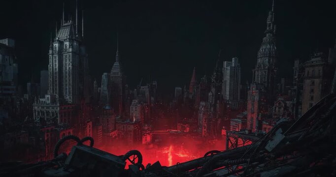 Opening shot revealing glowing red crater pulsing light in ruined city core, showing devastation