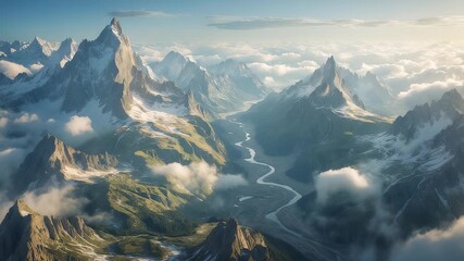 Majestic mountain peaks with flowing river valley surrounded by clouds and sunlight creating breathtaking natural alpine scenic landscape - Powered by Adobe