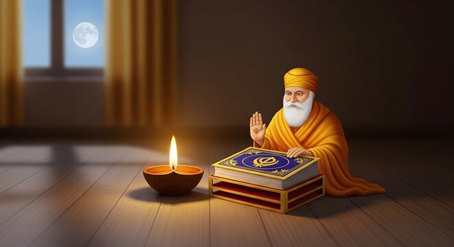 Guru Nanak Dev Ji & Granth Sahib with Diya Lamp & Full Moon | Sikh Spirituality & Festival. AI Generated 
