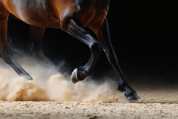 The dynamic movement of a horse as it gallops, kicking up a cloud of sand or dirt