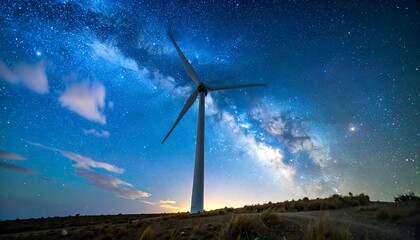 Wind turbine under a magnificent night sky with the Milky Way