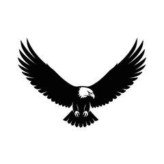 Obraz premium A majestic bald eagle with wings spread wide in a symmetrical, black and white graphic illustration on a white background.