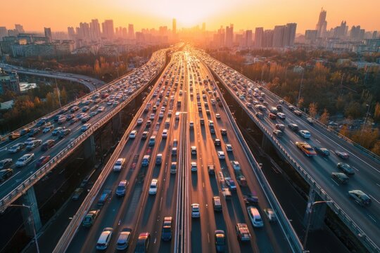 Highway top view during sunset with multiple lanes of traffic, golden glow city transport network, urban mobility congestion and road system infrastructure planning
