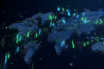 A digital map of the world with stock market candlestick charts glowing in green and blue on top, a dark background, and a stock trading theme with a video motion effect. 