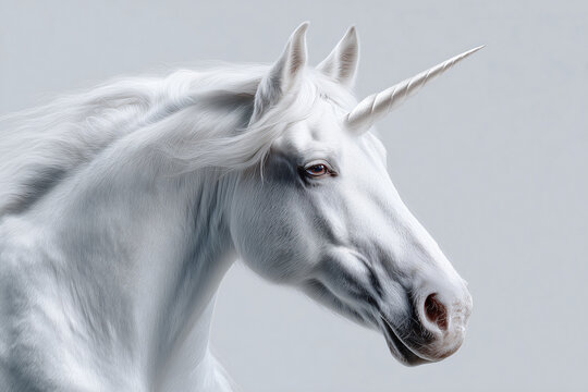 A majestic white unicorn with a spiraling horn against a soft background. Its appearance exudes grace, purity, and the magic of fantasy. 