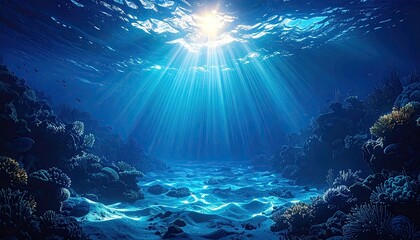 Fototapeta premium Underwater coral reef scene, sunlight beams through water