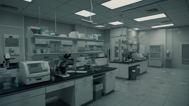 Empty laboratory interior with modern equipment and clean work surfaces. Science, research, and medical innovation concept footage.