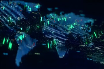 A digital map of the world with stock market candlestick charts glowing in green and blue on top, a dark background, and a stock trading theme with a video motion effect. 