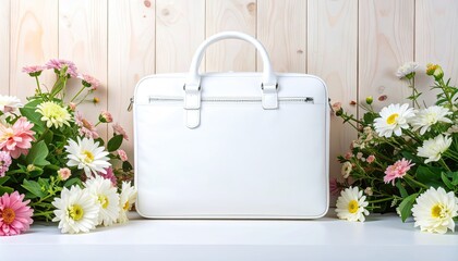 White laptop bag nestled amongst flowers on a white surface