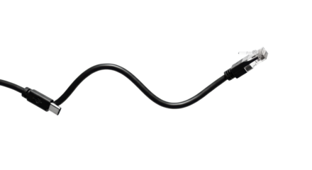 Pristine black electrical data cable, USB-C or Ethernet, elegantly curved on a transparent shadowless background, minimalist studio product shot concept for digital connectivity