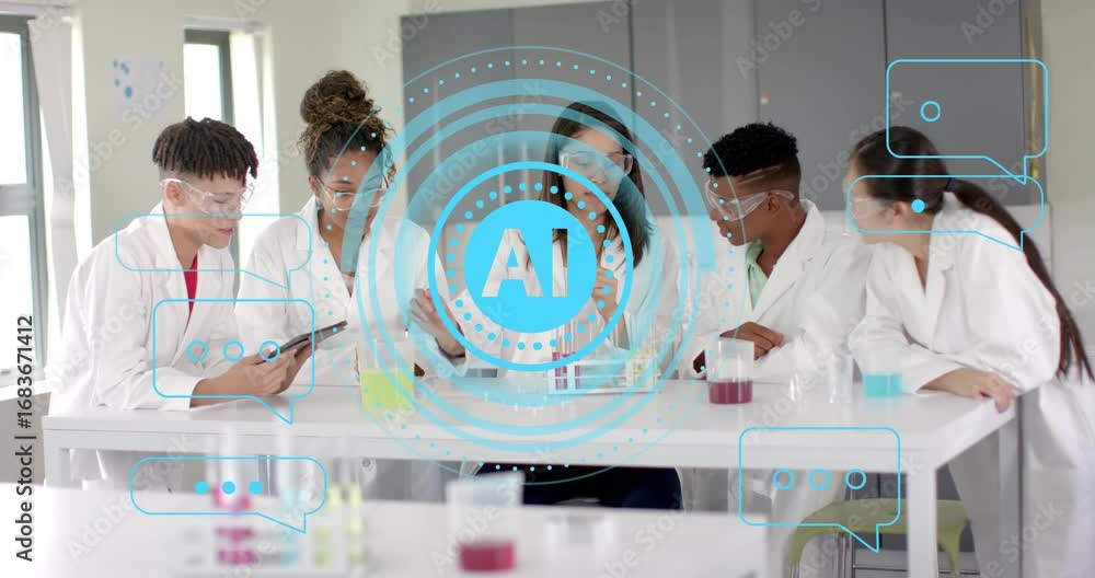Poster lab student group tapping tablet and pouring test tube liquids while ai overlay guiding reaction