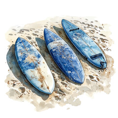 Surfboards On Sandy Beach, watercolor vector, isolated on a white background.