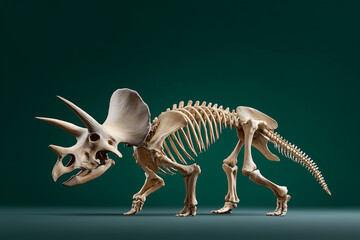 An ancient triceratops skeleton displayed on a vibrant background, perfect for paleontological enthusiasts and educational materials. The skeletal remains stand as a testament to prehistoric life