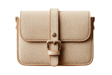 Light beige leather crossbody bag.  Front-facing view, featuring a buckled strap, and textured surface