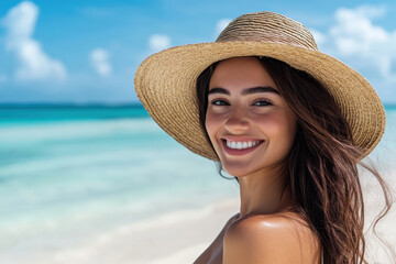 Smiling woman with straw hat enjoying a sunny day at the beach