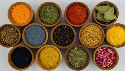 Small wooden bowls filled with colorful spices and herbs