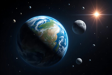 Planet earth in space with the moon and distant stars, illuminated by a bright sun creating a lens flare effect