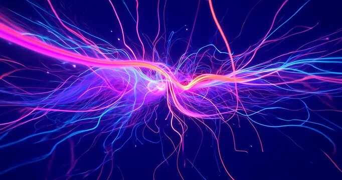 Surging magenta and amber beam weaving through central core in navy void, amplifying neon filaments
