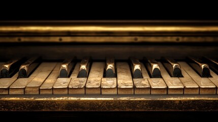 Golden Vintage Grand Piano Keys Showcasing Musical Heritage and Instrument History